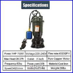 1HP 750W Submersible Sewage Sump Pump WithFloat Heavy Duty Cast Iron 4000GPH 220V