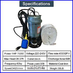1HP Cast Iron Submersible Sewage Pump 4000GPH with66ft Hose Float Switch 220V-240V