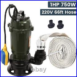 1HP Submersible Sewage Pump 750W Cast Iron Sump Pump 4000GPH with66FT Hose 220V