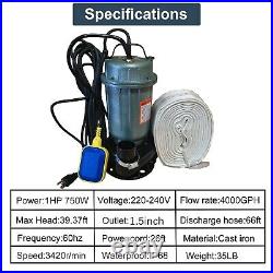 1HP Submersible Sewage Pump 750W Cast Iron Sump Pump 4000GPH with66FT Hose 220V