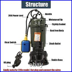 1HP Submersible Sewage Pump 750W Cast Iron Sump Pump 4000GPH with66FT Hose 220V