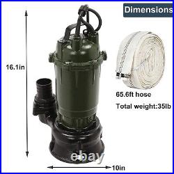 1HP Submersible Sewage Pump 750W Cast Iron Sump Pump 4000GPH with66FT Hose 220V