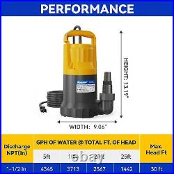 1HP Sump Pump 4345GPH Submersible Water Pump, Manual Utility Pump, Water Remo