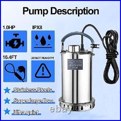 1HP Sump Pump Submersible 4000GPH Water for Pool Stainless Steel