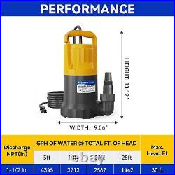 1HP Sump Pump Submersible Water Pump for Hot Tub, Pools, Basements 4345GPH
