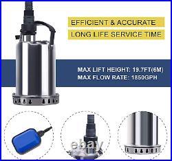 1/2HP 1850 GPH Submersible Pump Stainless Steel Portable Sump Pumps Ele