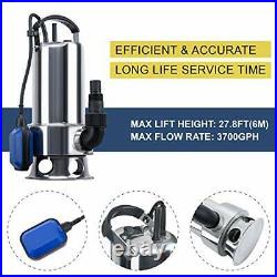 1.2HP 3700GPH Durable Stainless Steel with Float Switch Submersible Pump