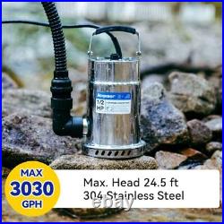 1/2HP Submersible Utility Pump, 3030GPH Stainless Steel Sump Pump, Water Remo