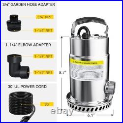 1/2HP Submersible Utility Pump, 3030GPH Stainless Steel Sump Pump, Water Remo