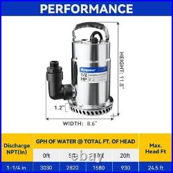 1/2HP Submersible Utility Pump, 3030GPH Stainless Steel Sump Pump, Water Remo