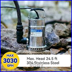 1/2HP Submersible Utility Pump 3030GPH Stainless Steel Sump Pump Water Removal