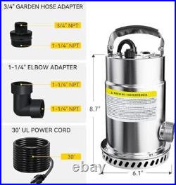 1/2HP Submersible Utility Pump 3030GPH Stainless Steel Sump Pump Water Removal