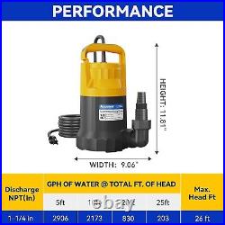 1/2HP Sump Pump Submersible Water Pump for Hot Tub, Pools, Basements 2906GPH