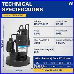 1/3HP Sump Pump, 3040GPH Submersible Clean/Dirty Water Pump with Automatic Fl