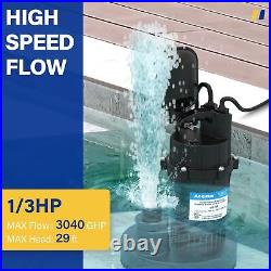 1/3HP Sump Pump, 3040GPH Submersible Clean/Dirty Water Pump with Automatic Fl