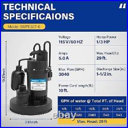 1/3HP Sump Pump Submersible Clean/Dirty Water Pump with Automatic Float Switch