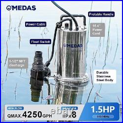 1.5HP 4250GPH Stainless Steel Water Sump Pump Clean/Dirty Submersible Pump Auto