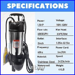 1.5HP Sewage Grinder Sump Pump WithFloat Heavy Duty Stainless Steel 110V/220V