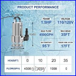 1.5HP Sump Pump Submersible Utility Water Pump 4500GPH Dirty Clean Water Remo