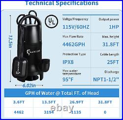 1 HP Submersible Sump Pump 4462GPH Clean & Dirty Water Transfer Pump with Float