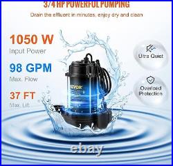 3/4 HP Submersible Sewage Pump, 5880 GPH Larger-Flow, Cast Iron Sump Pump