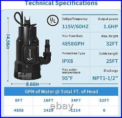 4858GPH Submersible Sump Pump 1.6 HP Clean & Dirty Water Transfer Pool Garden US