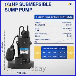 Acquaer 1/3HP Sump Pump, 3040GPH Submersible Clean/Dirty Water Pump with Float
