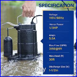 Acquaer 1/3 HP Submersible Sump Pump, 3150 GPH Cast Iron Sewage/Effluent Pump wi
