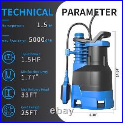 Automatic 1.5 Hp Sump Pump Submersible With Float Switch 5000 Gph Clean & Dirty