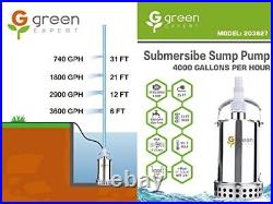 Green Expert 1HP Sump Pump 4000GPH High Flow for Fast Water Removal from Pool