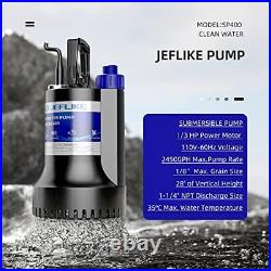 JEFLIKE 1/3HP Sump Pump Submersible Water Pump Utility Pumps 2450GPH for Pool