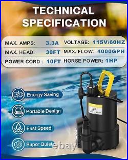 QIOMALA 1 HP Automatic Submersible Water Pump, 4000GPH Sump Pump Submersible