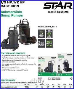 Star 5STS 1/2 HP Cast Iron Submersible Sump Pump with Float Switch 1-1/2