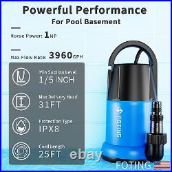 Submersible 1HP Sump Pump Clean/Dirty Water Pump, 3960 GPH Portable Utility